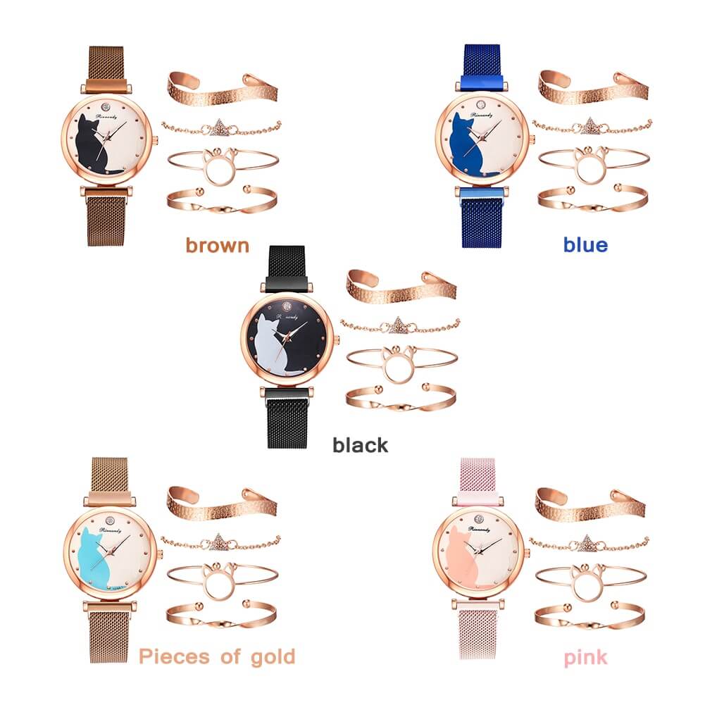 Beautiful Cat Watch & Bracelet Set 5PCs