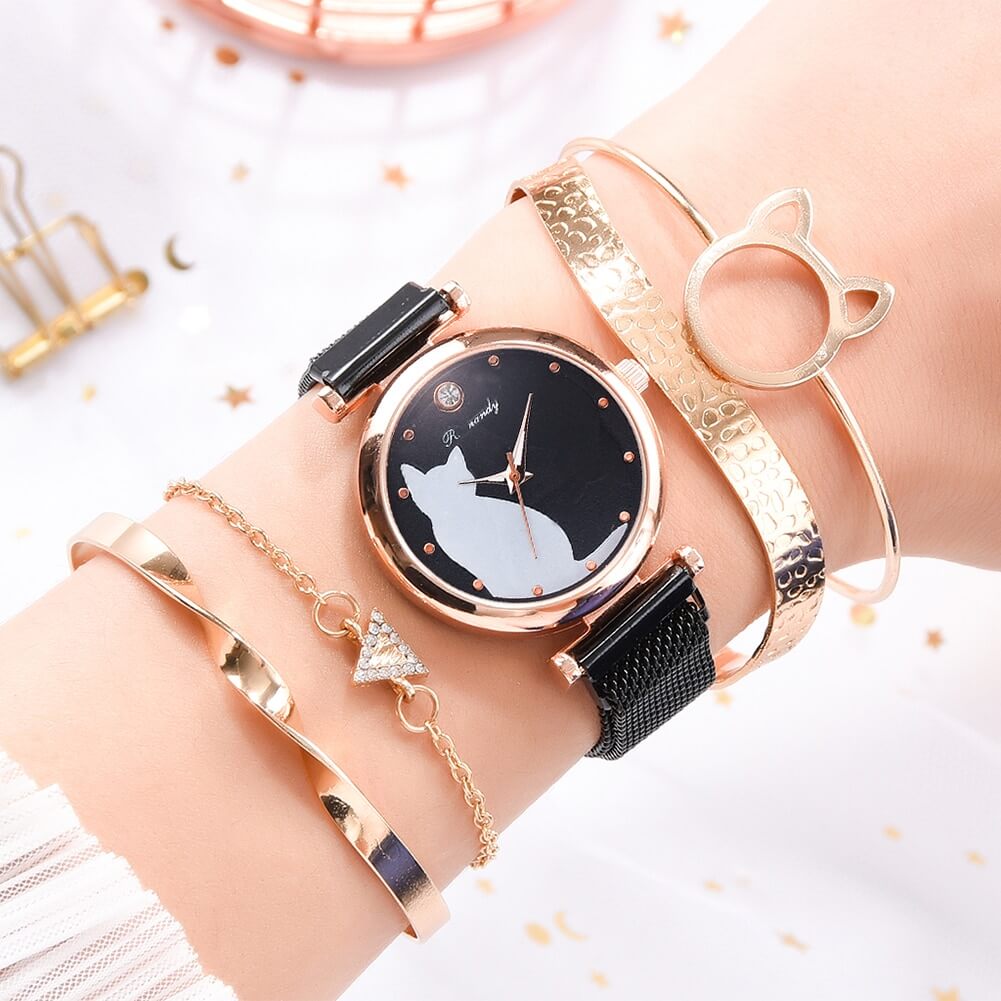 Beautiful Cat Watch & Bracelet Set 5PCs