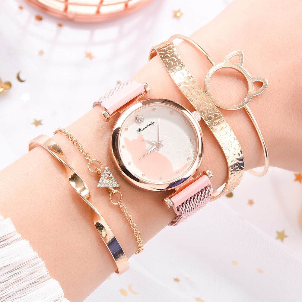 Beautiful Cat Watch & Bracelet Set 5PCs