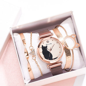 Beautiful Cat Watch & Bracelet Set 5PCs