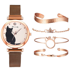 Beautiful Cat Watch & Bracelet Set 5PCs