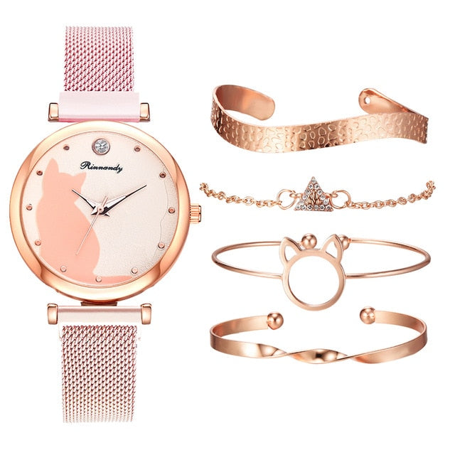 Beautiful Cat Watch & Bracelet Set 5PCs